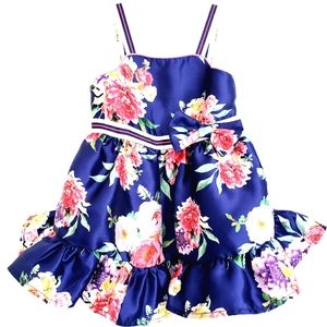 Nwt Tahari Girl Navy w/ Pink Floral Satin Party Dress